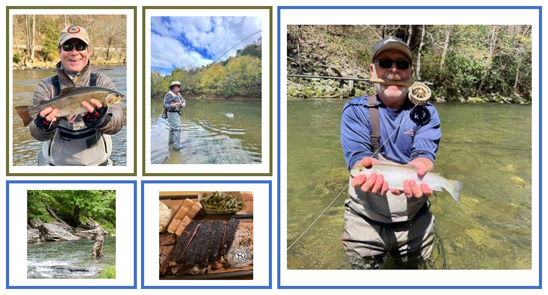 Anglers on western North Carolina rivers holding rainbow trout, a fly fisherman casting under a blue sky, and a barbecue platter