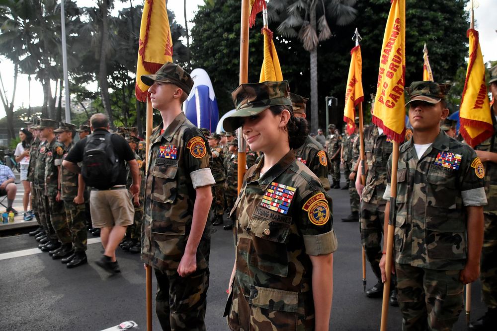 Young Marines at attention in the color guard formation