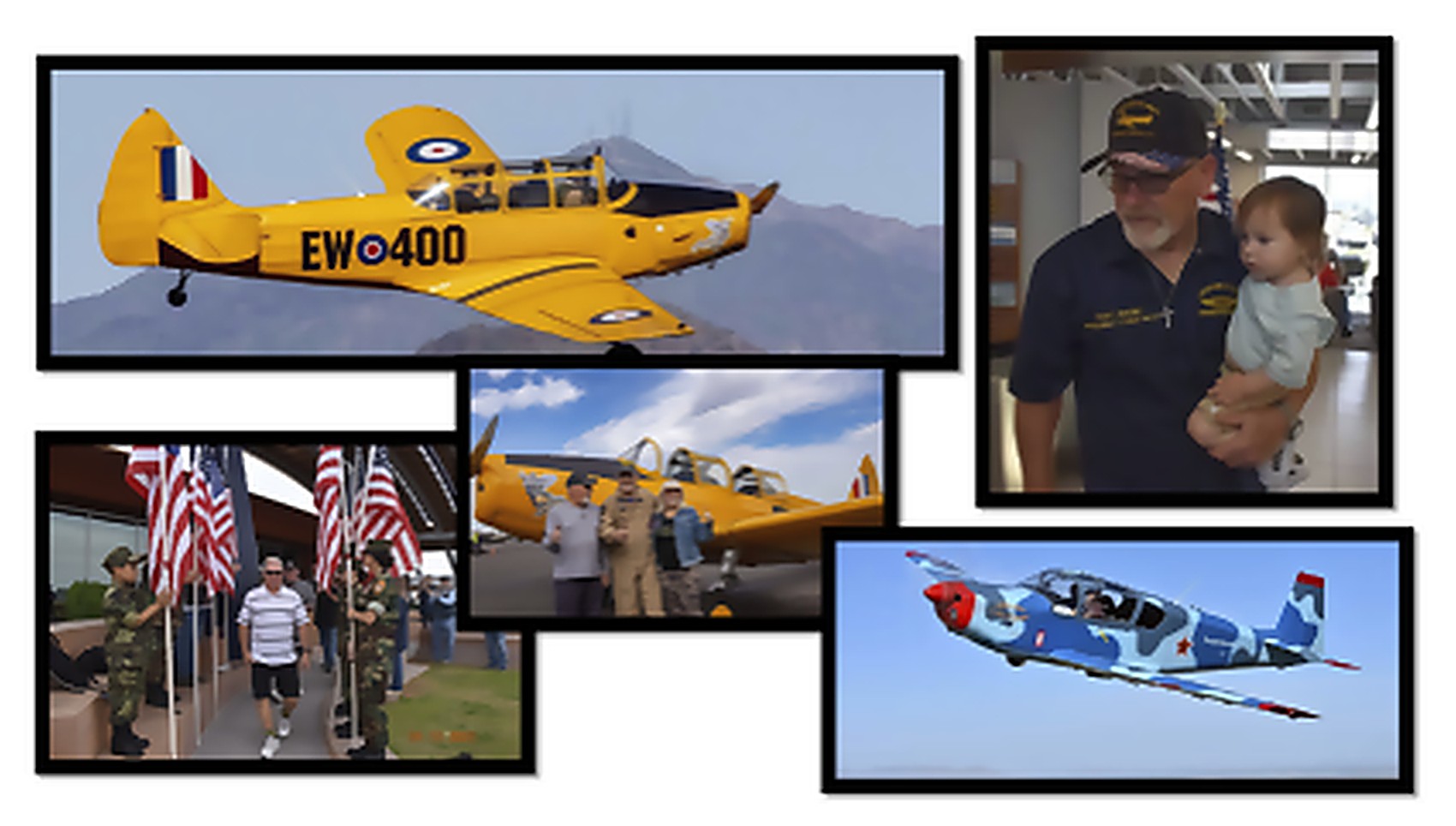 A yellow Fairchild trainer in flight, a Grounded No More volunteer holding a child, Young Marines with flags, and an IAR-823 in flight