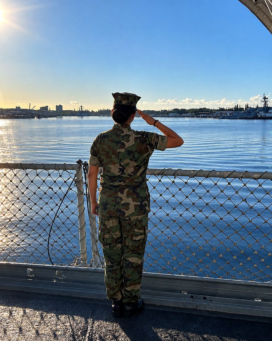 A Young Marine rendering a salute over the water at Pearl Harbor at sunrise